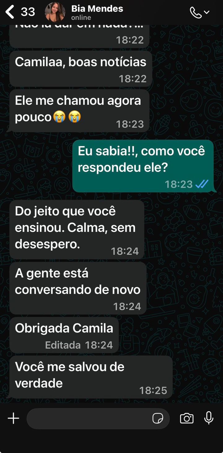 Conversa de Bia com a Camila no WhatsApp